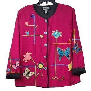 Vintage 80s Indigo Moon Embroidered Butterfly Blazer Pink Beaded Jacket Large